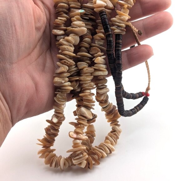 Navajo Two Strand Shell Chip Beaded Pullover Necklace w/ Pen Shell Heishi ** - Picture 4 of 12